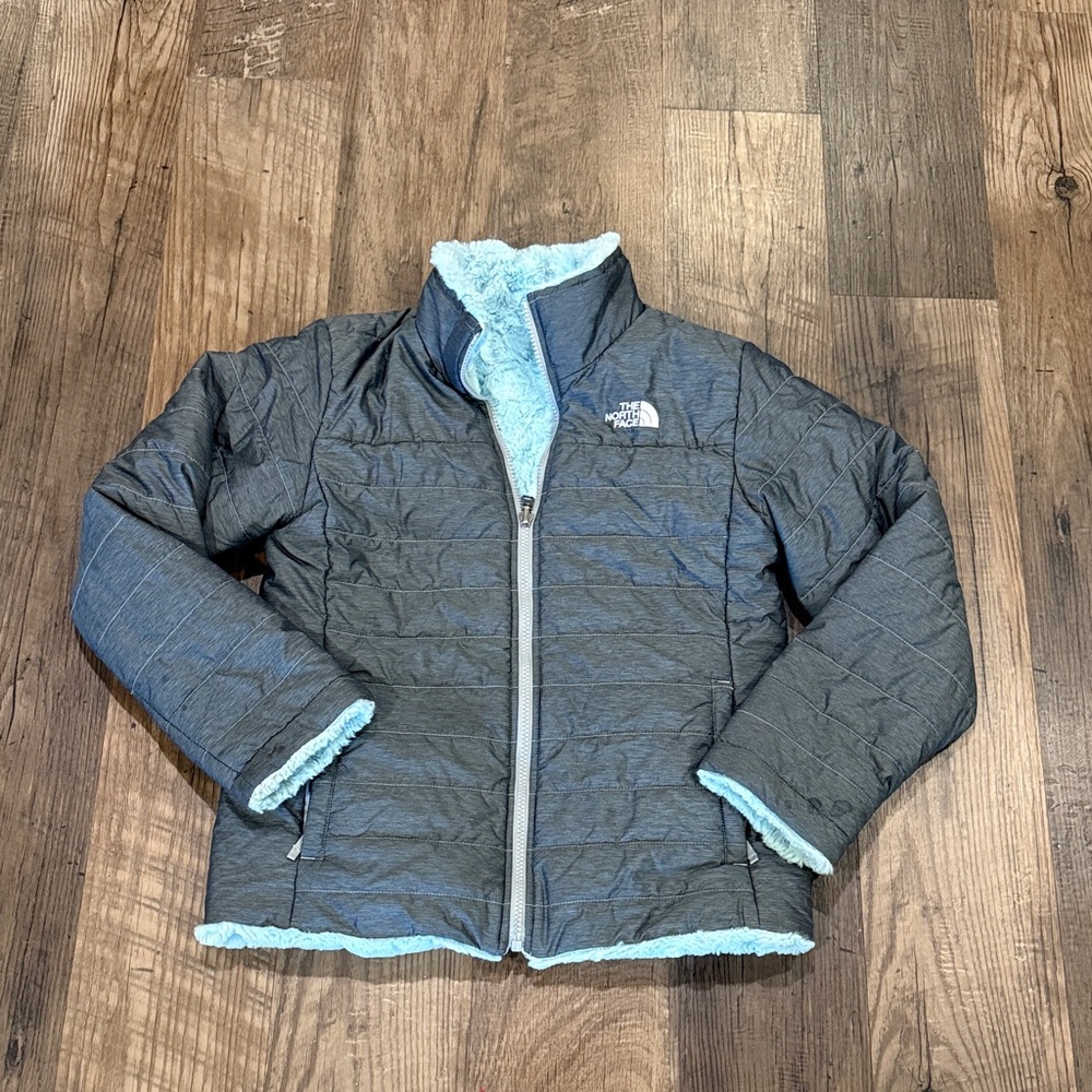 The North Face Kids 14/16 Reversible Charcoal Jacket with Sky Blue Lining